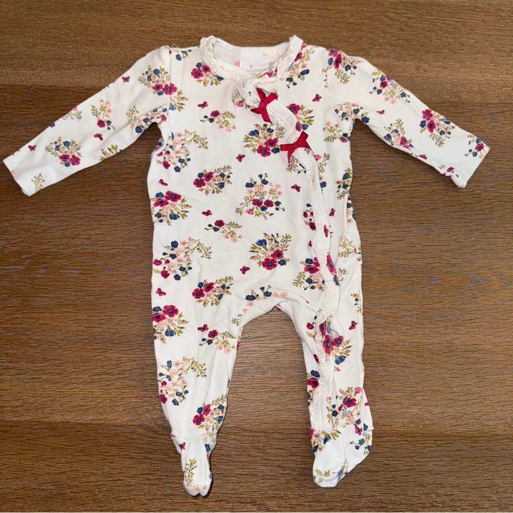 Laura Ashley Floral Footie with Red Bow Accents.